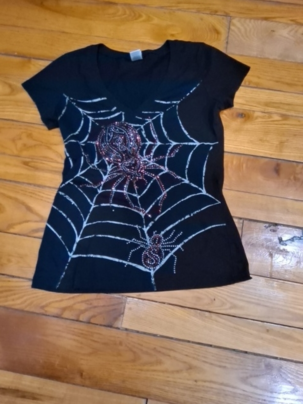 Girls Black Short Sleeve Tee with Rhinestone Spider Web